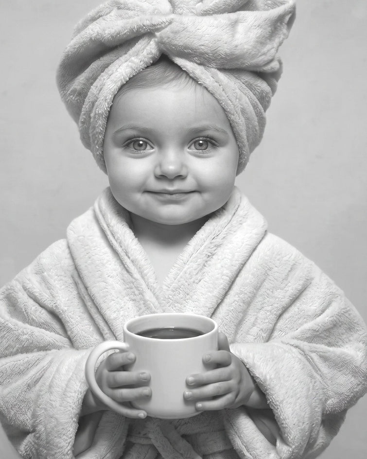 Detalhe em preto e branco de menina de roupão e turbante de toalha segurando uma caneca