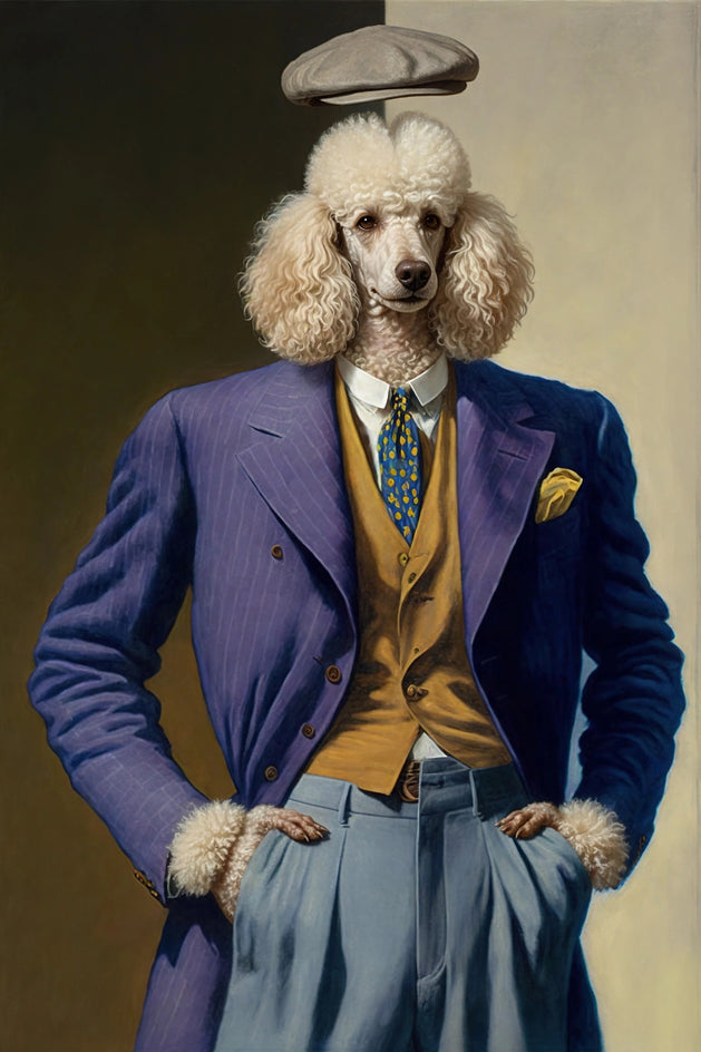 Quadro personalizado de cachorro poodle com paletó roxo