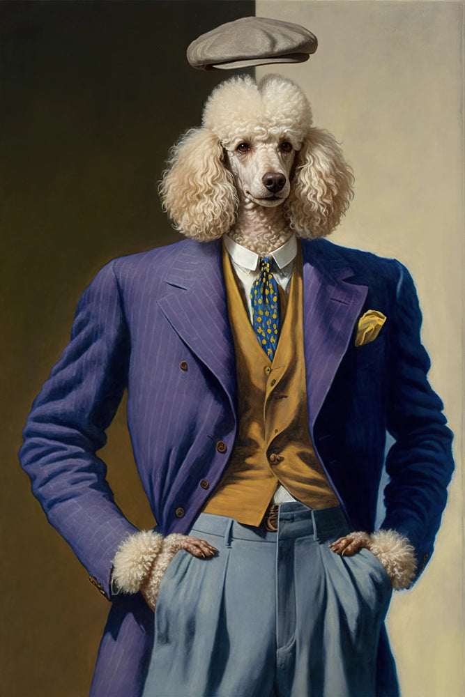 Quadro personalizado de cachorro poodle com paletó roxo