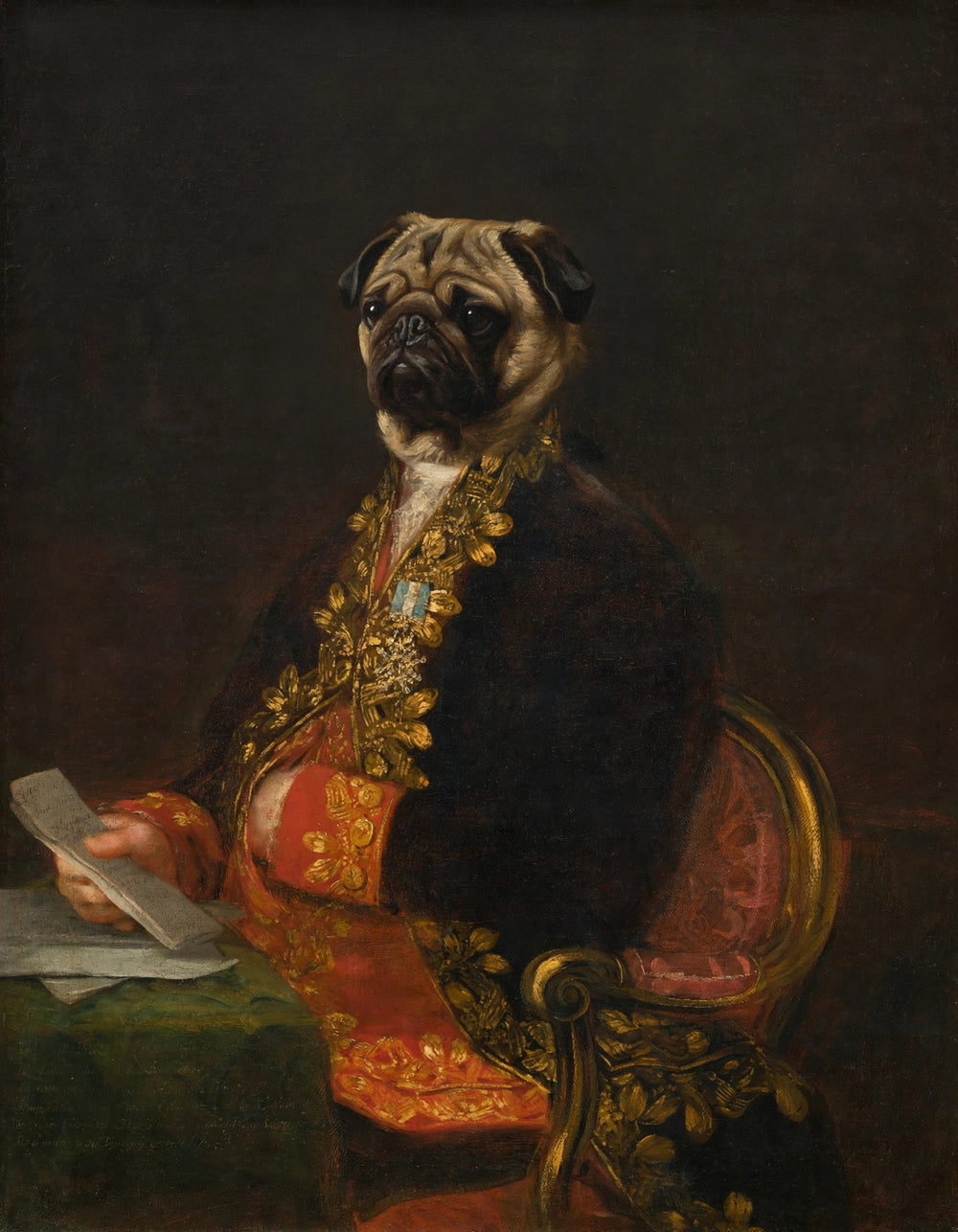 Quadro personalizado de cachorro pug magistrado da cadeira de veludo