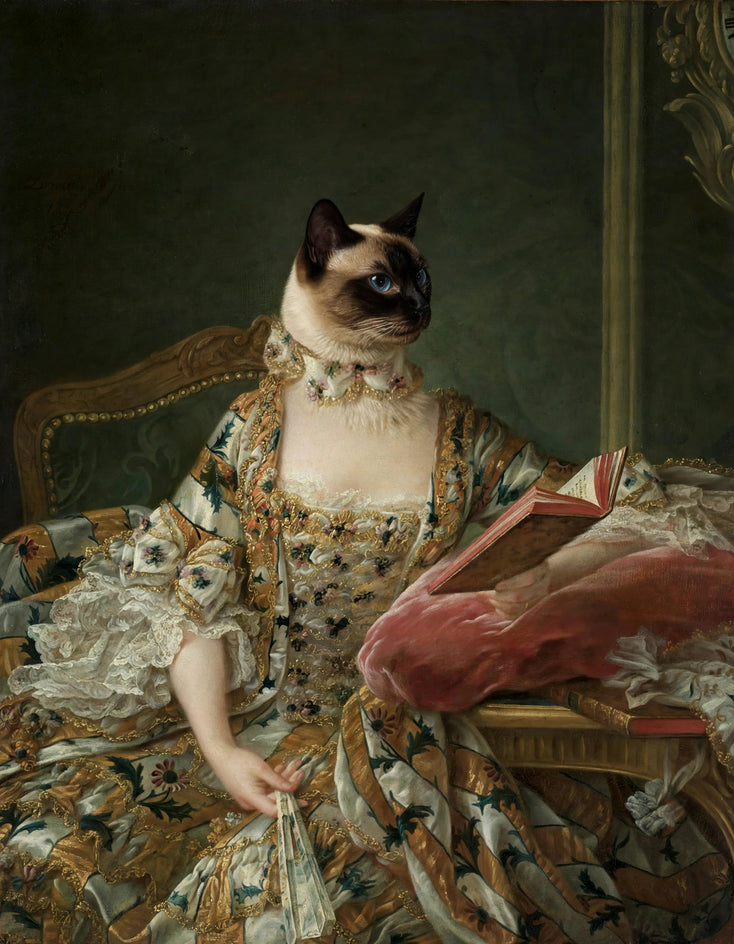Quadro personalizado de gato gata siamesa leitora de vestido floral