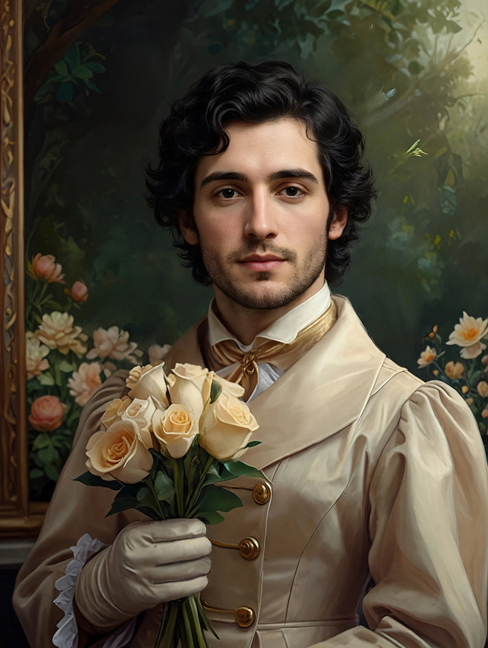 Retrato de homem com fraque bege e detalhes dourados, segurando um buquê de rosas claras em um jardim florido.