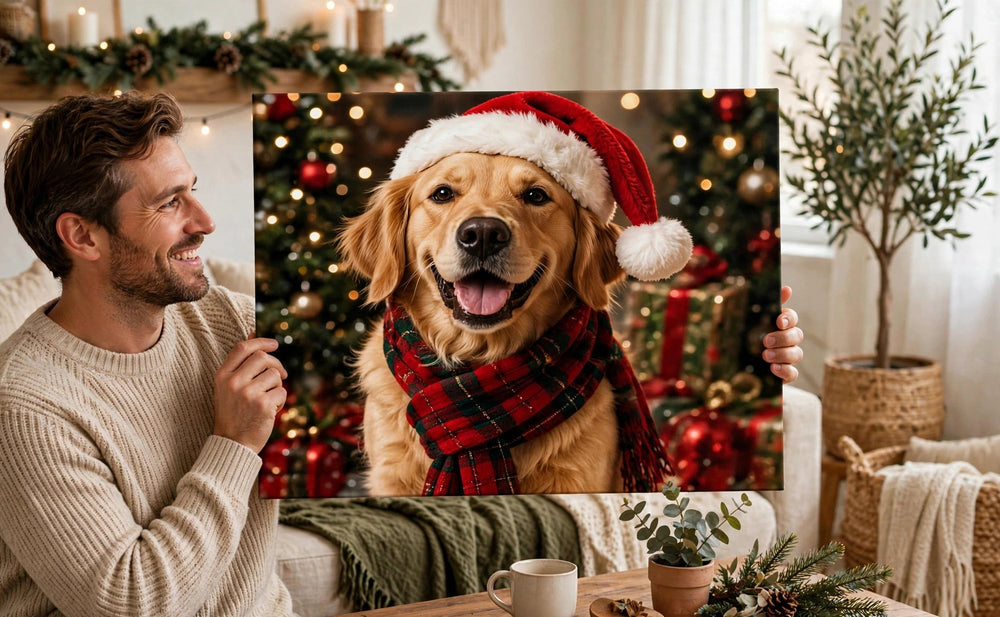 Pessoa segurando o quadro Quadro de Natal Personalizado — Golden de Cachecol no tamanho grande