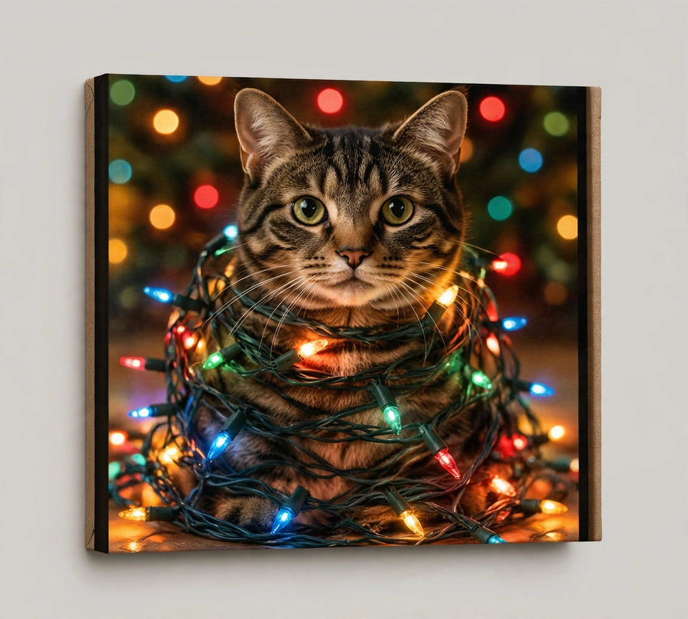 Quadro canvas Quadro de Natal Personalizado — Gato com Pisca-Pisca - foto principal