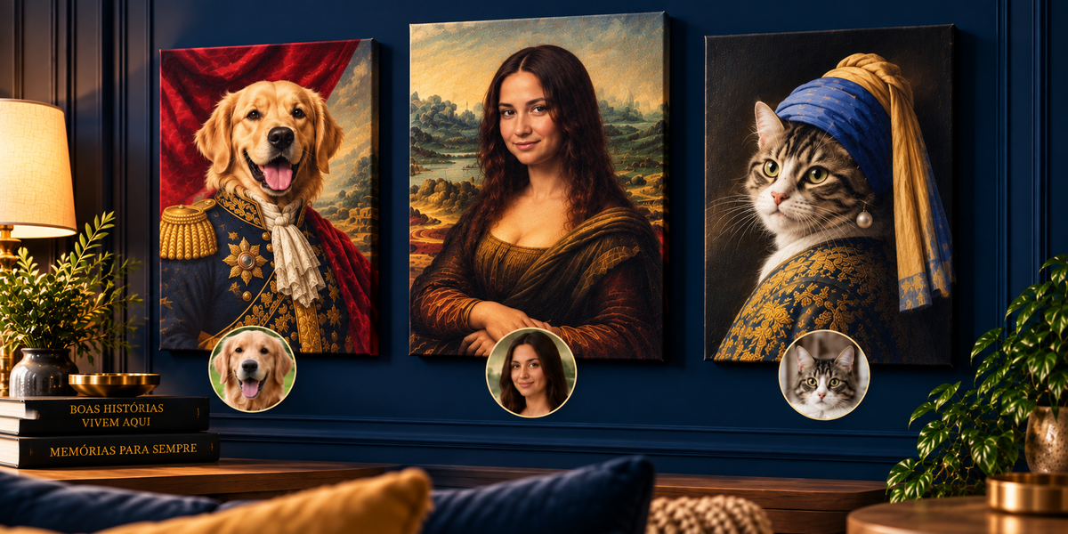 Quadros personalizados de uma pessoa, um cachorro e um gato, com suas fotos originais