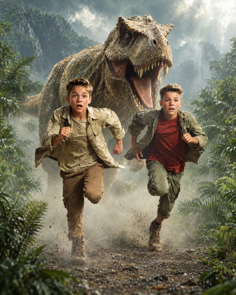 Dupla Fugindo do Dinossauro — Quadro Personalizado de Crianças - SUA FOTO VIROU ARTE