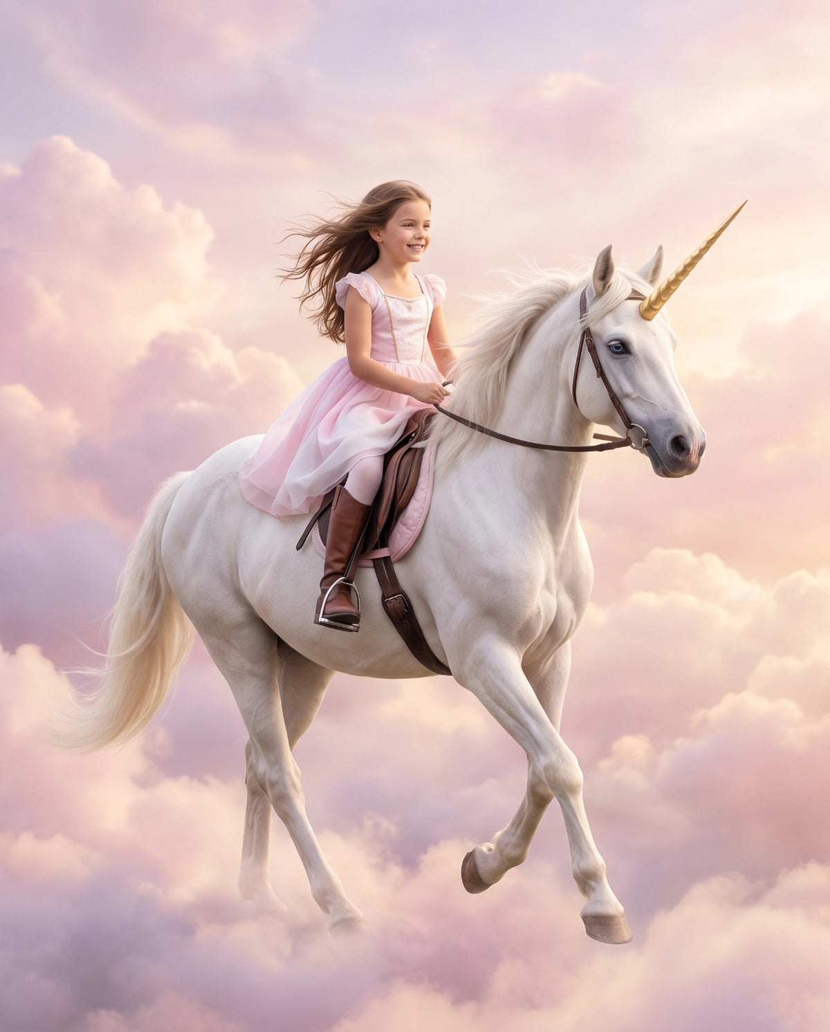Menina no Unicórnio nas Nuvens — Quadro Personalizado de Criança