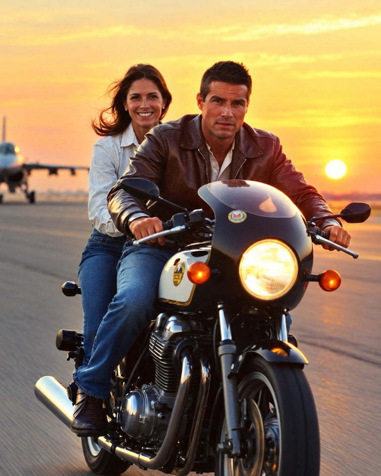Casal na Moto ao Pôr do Sol — Quadro Personalizado de Casal - SUA FOTO VIROU ARTE