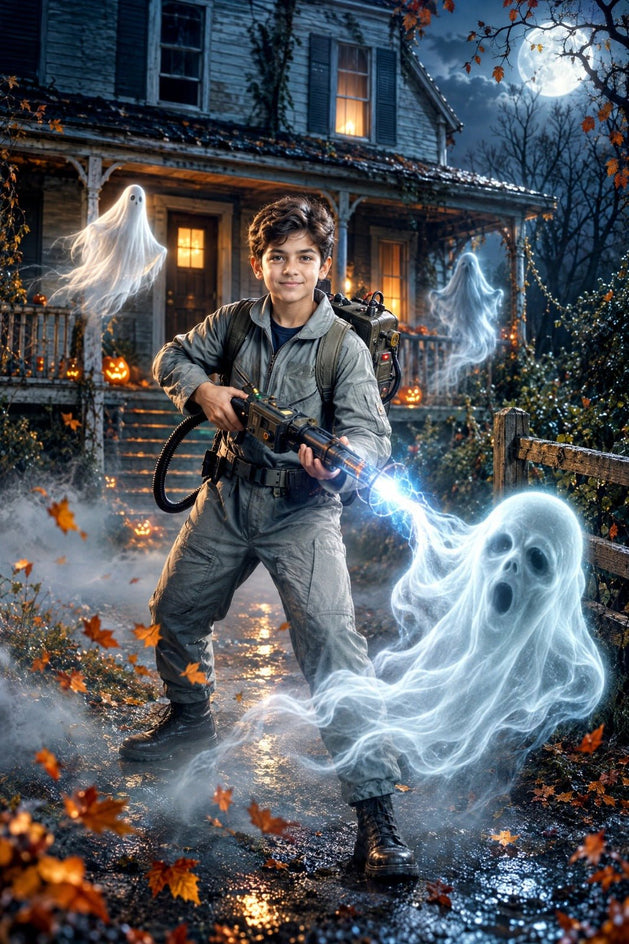 Menino Caçador de Fantasmas — Quadro Personalizado de Criança - SUA FOTO VIROU ARTE