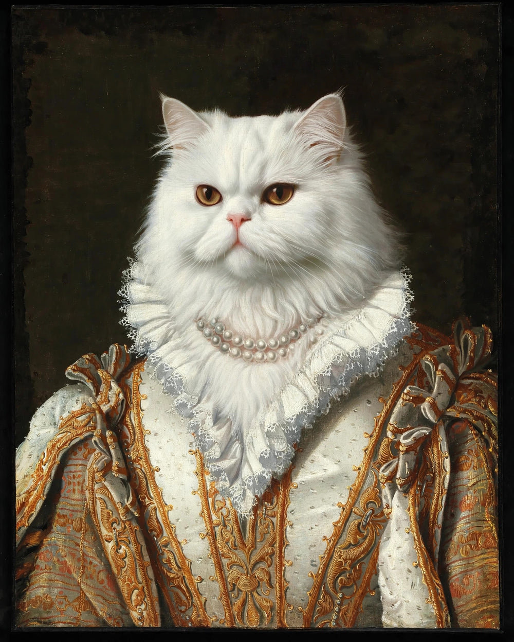 Quadro personalizado de gata persa como rainha em vestido branco e dourado