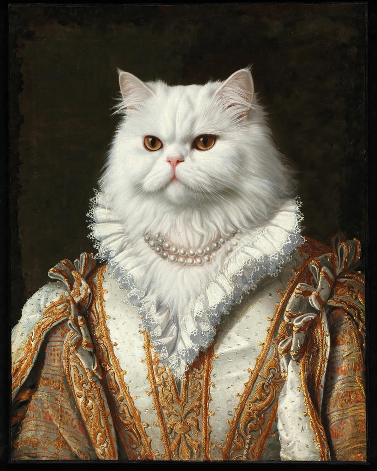Quadro personalizado de gata persa como rainha em vestido branco e dourado