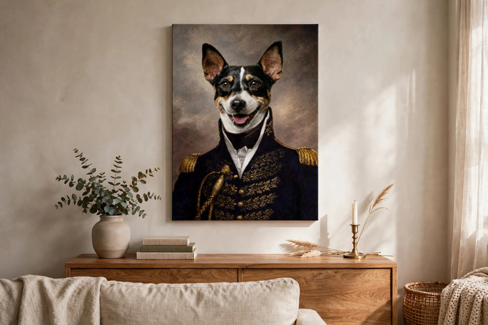 Quadro Conde Elegante — Retrato Real Personalizado para Pet pendurado na parede da sala