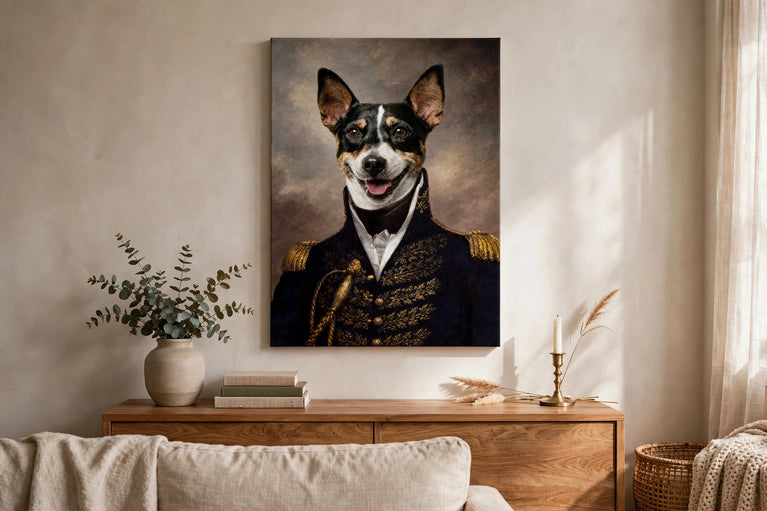 Quadro Conde Elegante — Retrato Real Personalizado para Pet pendurado na parede da sala