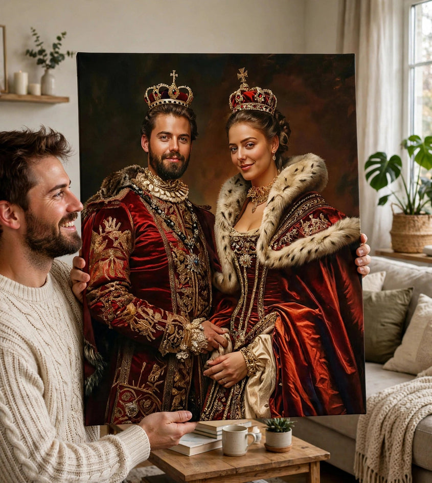 Pessoa segurando o quadro Quadro Personalizado de Casal — Reis em Vermelho e Ouro no tamanho grande