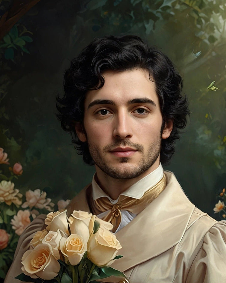 Detalhe do rosto, do fraque bege, dos detalhes dourados e do buquê de rosas claras.