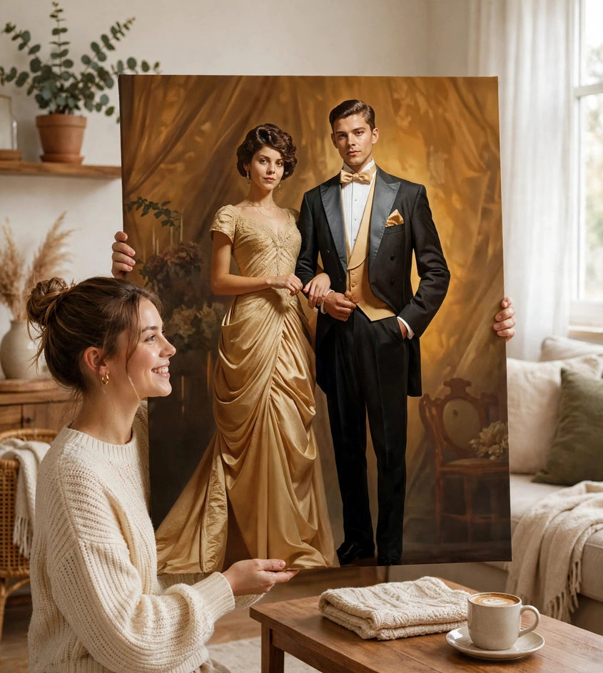 Pessoa segurando o quadro Quadro Personalizado de Casal — Gala Dourada no tamanho grande