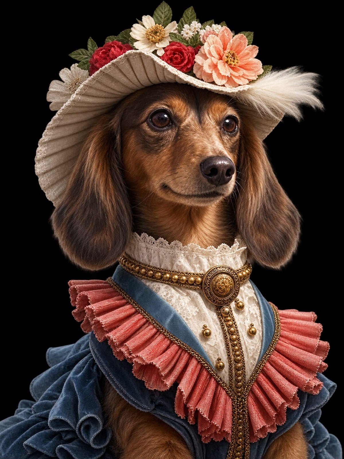 Salsicha de Chapéu de Flores e Vestido Vitoriano