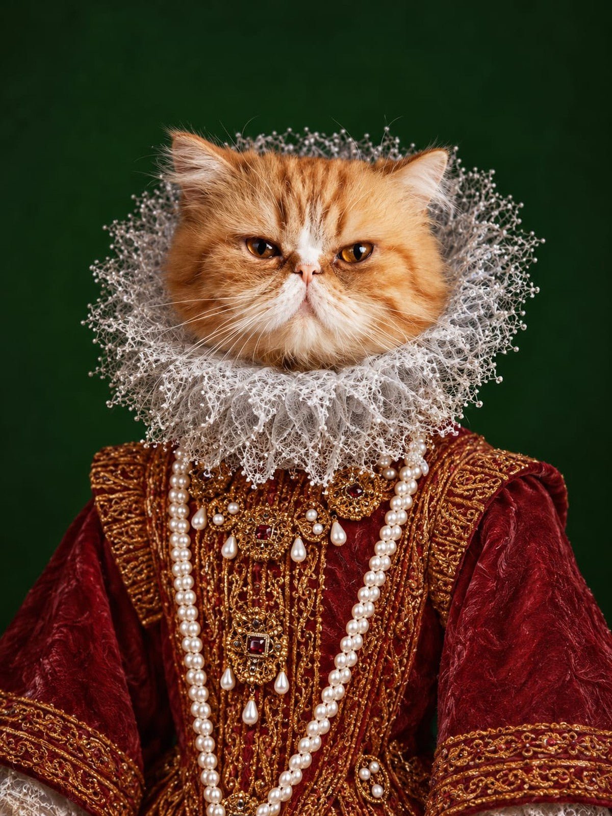 Gata Persa Laranja Rainha Elisabetana de Vestido Vermelho