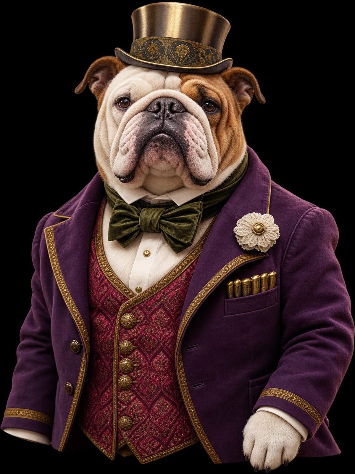 Bulldog Inglês de Cartola Dourada e Casaco Roxo