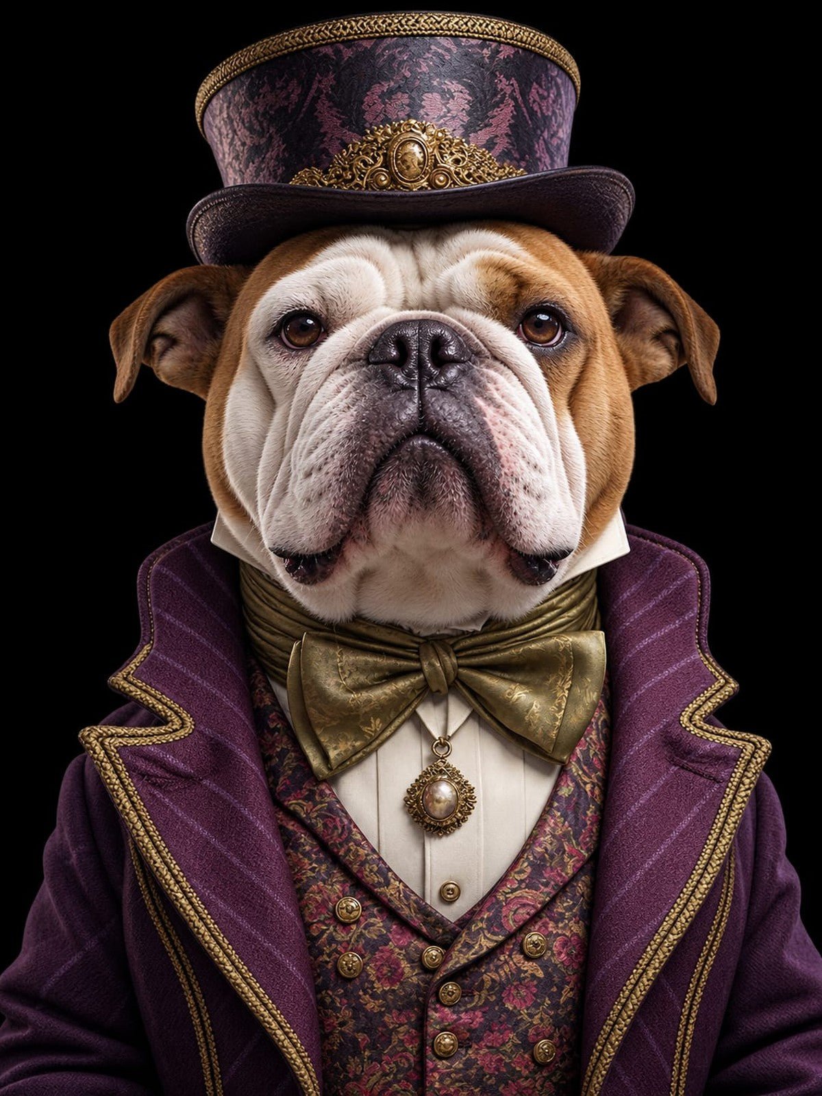 Bulldog Inglês de Cartola Roxa Estampada e Casaco Roxo