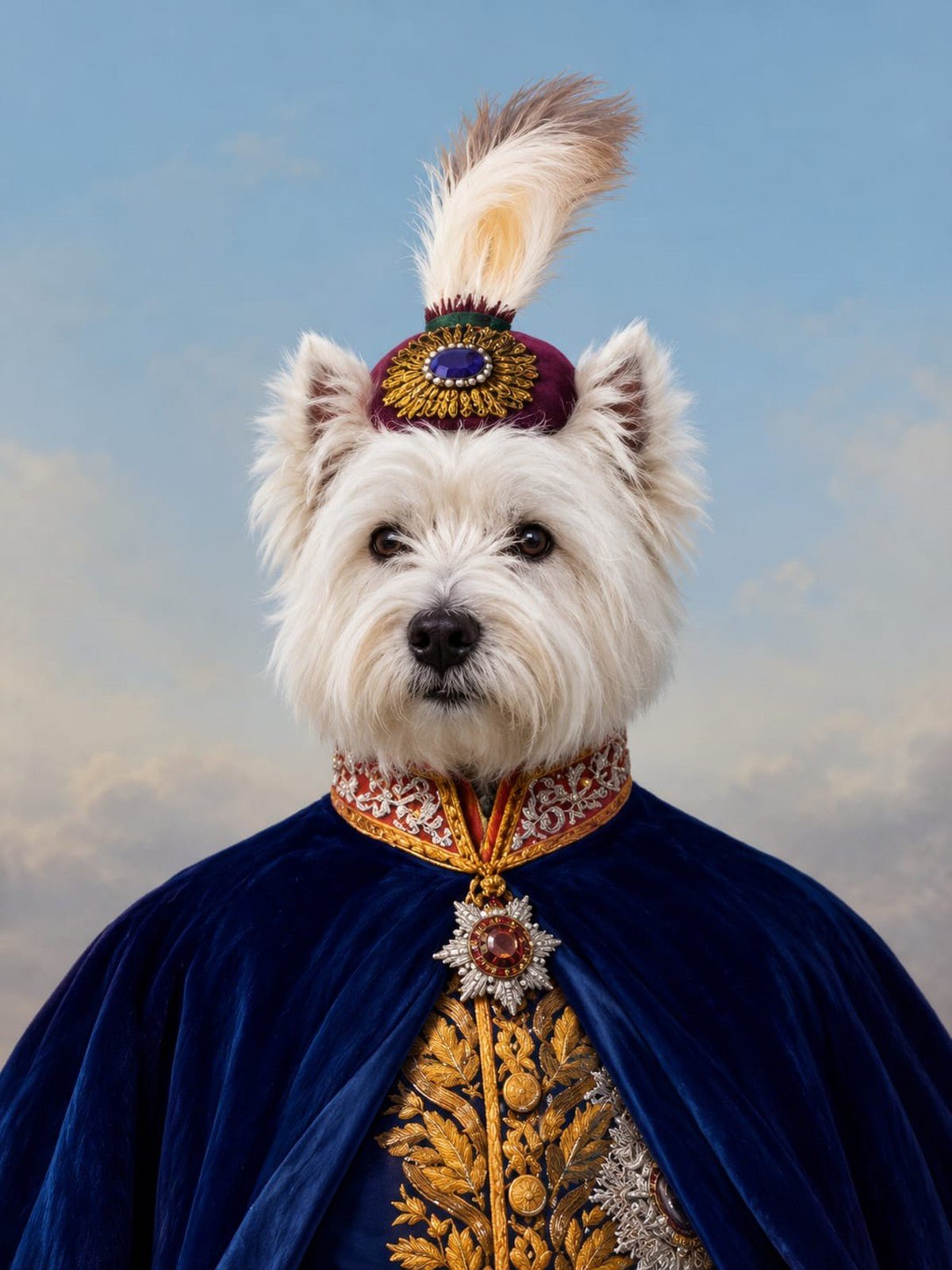 Westie Sultão de Manto Azul e Turbante com Pluma