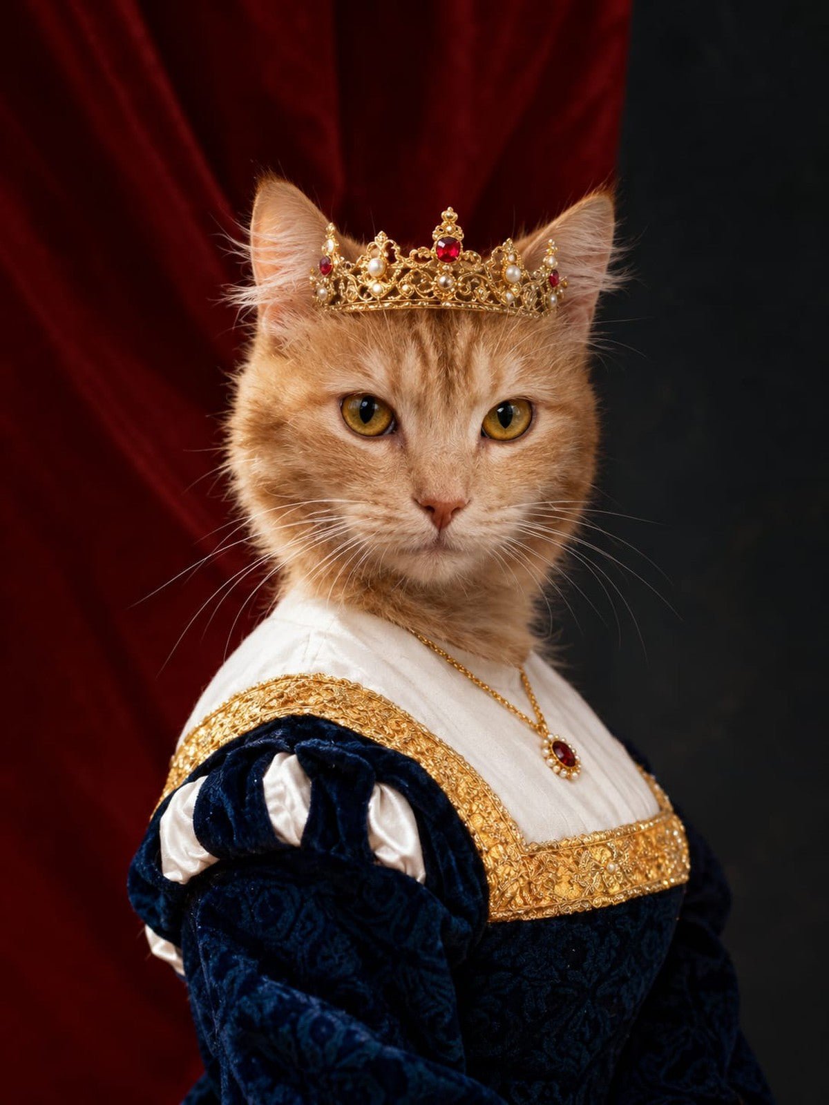 Gata Laranja Rainha de Coroa e Vestido Azul