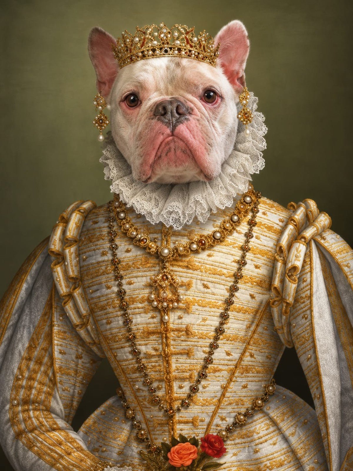 Buldogue Francesa Rainha de Vestido Dourado
