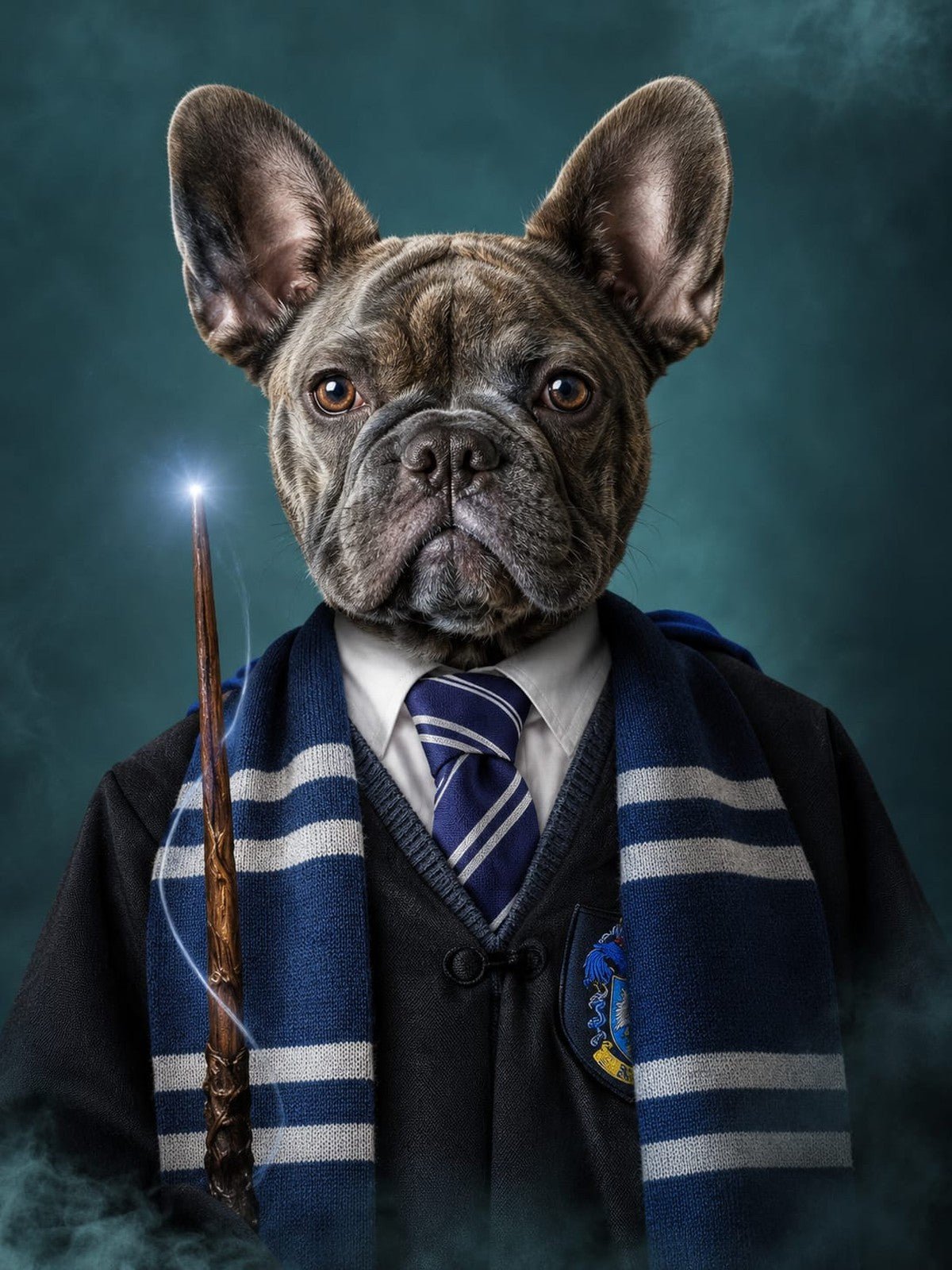 Buldogue Francês Bruxo de Varinha e Cachecol Azul