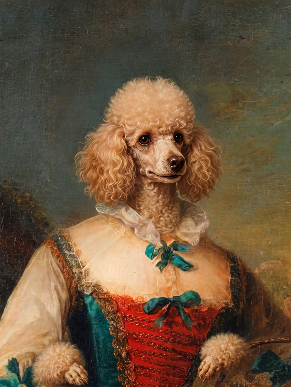 Quadro personalizado de cachorro com corpete vermelho de veludo com mangas turquesa bufantes e laços azuis