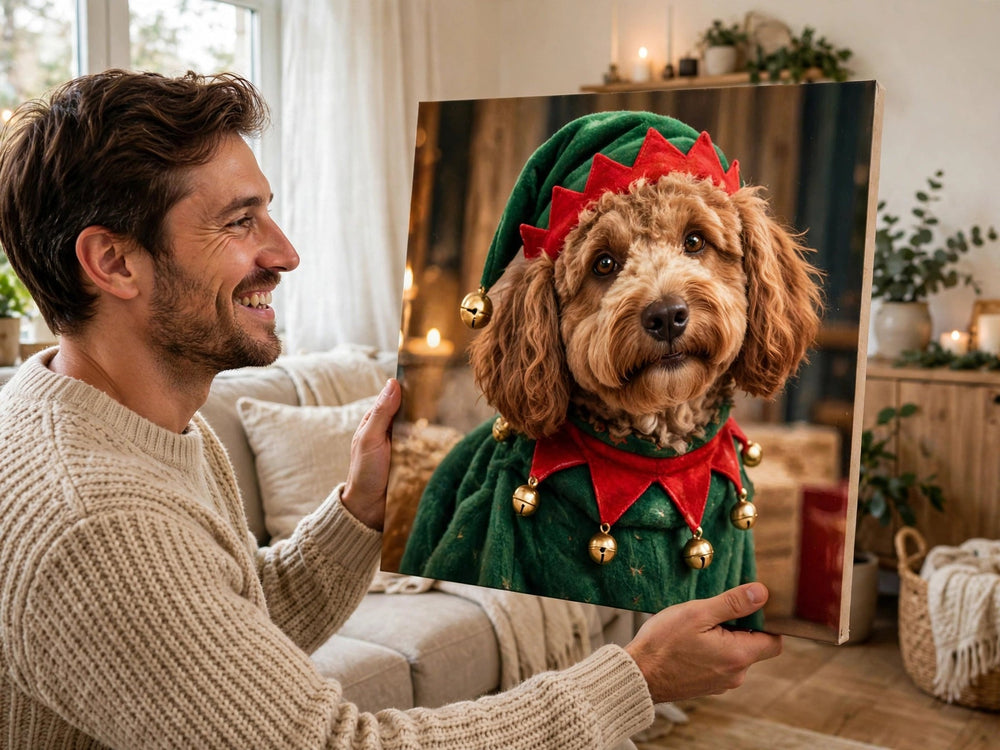 Pessoa segurando o quadro Quadro de Natal Personalizado — Elfo de Natal no tamanho grande