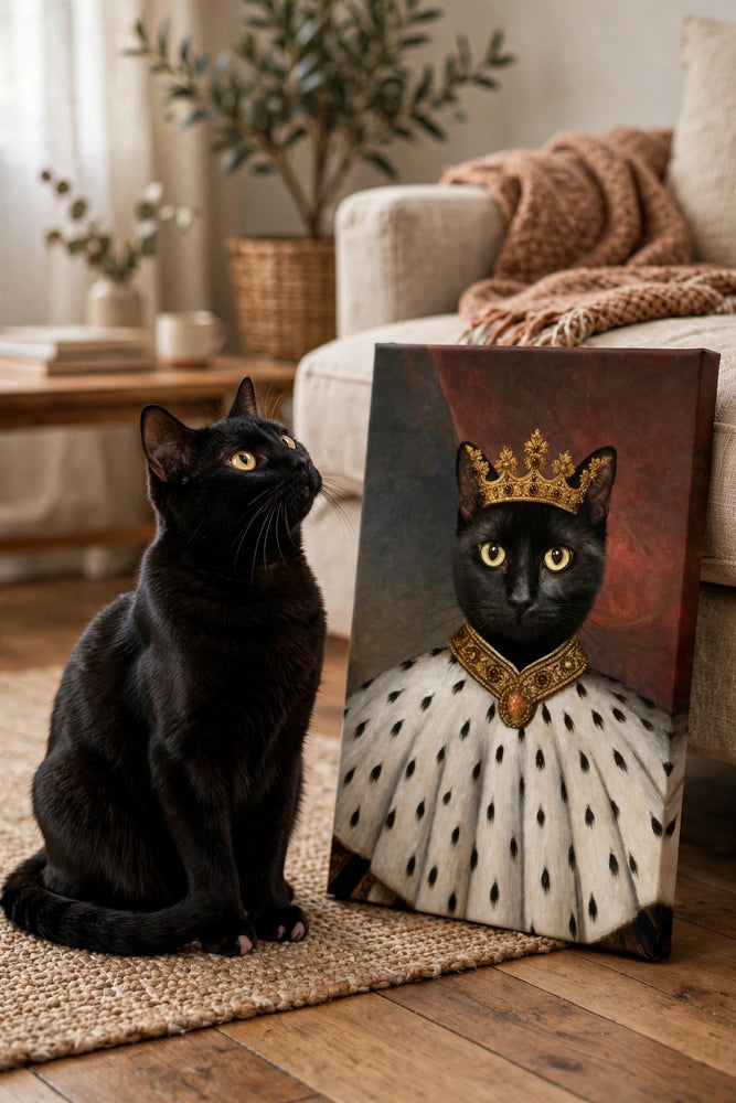 Pet ao lado do proprio retrato no quadro Rei da Noite — Retrato Real Personalizado para Gato