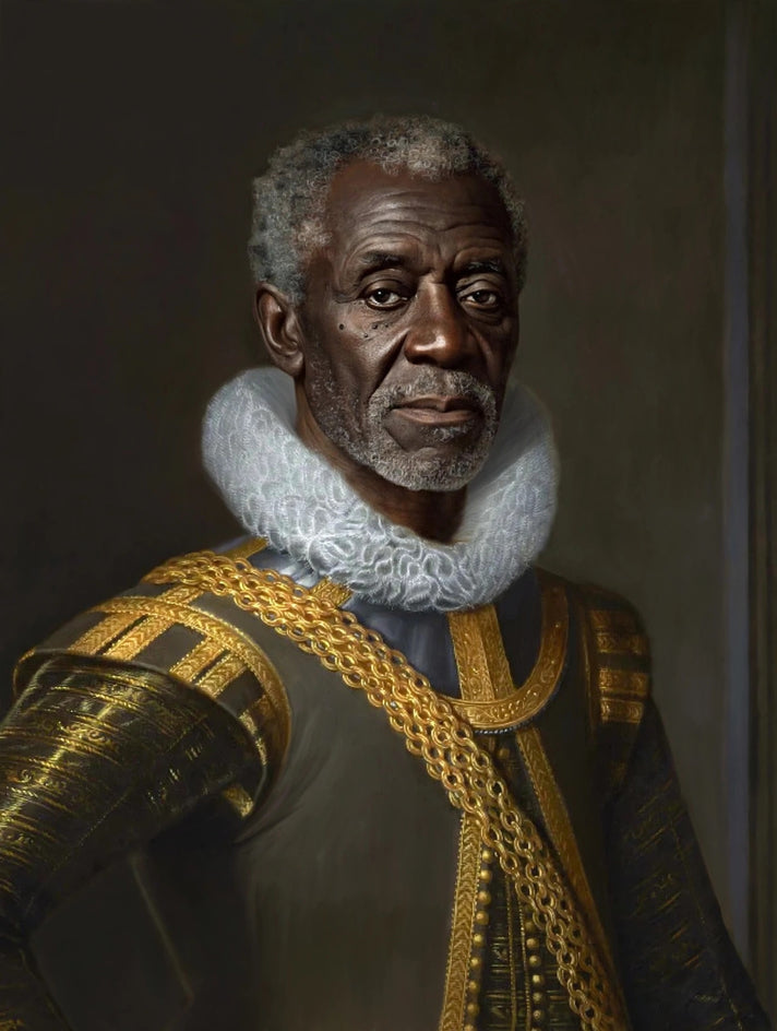 Retrato artístico de um homem idoso com traje escuro ornamentado em dourado e gola branca ampla e detalhada.