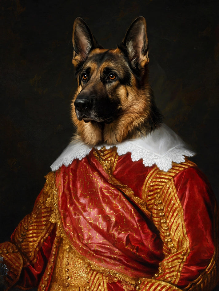 Quadro personalizado de cachorro pastor alemão com manto vermelho