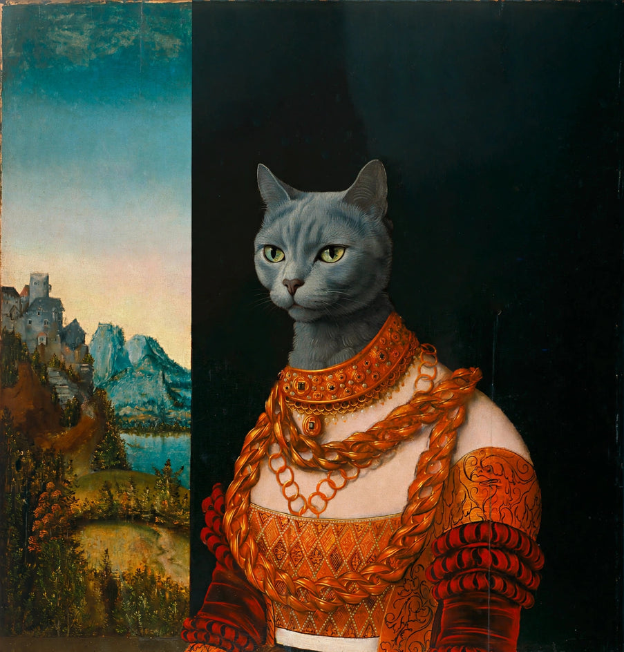 Quadro personalizado de gata azul-russa com colares de coral