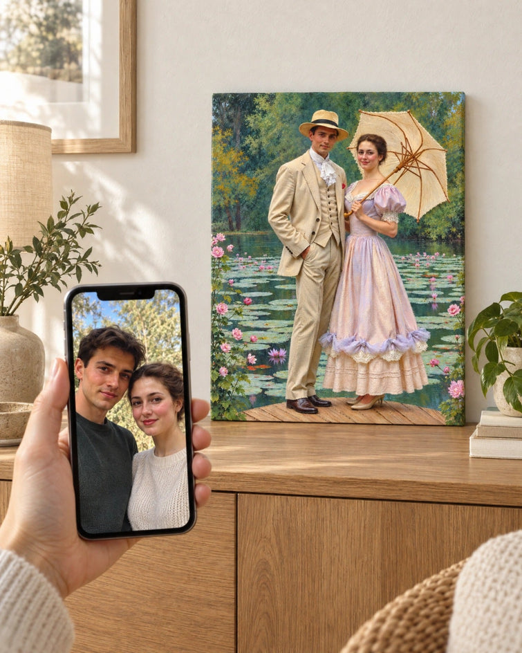 Casal no Lago das Ninfeias — Quadro Personalizado de Casal - SUA FOTO VIROU ARTE