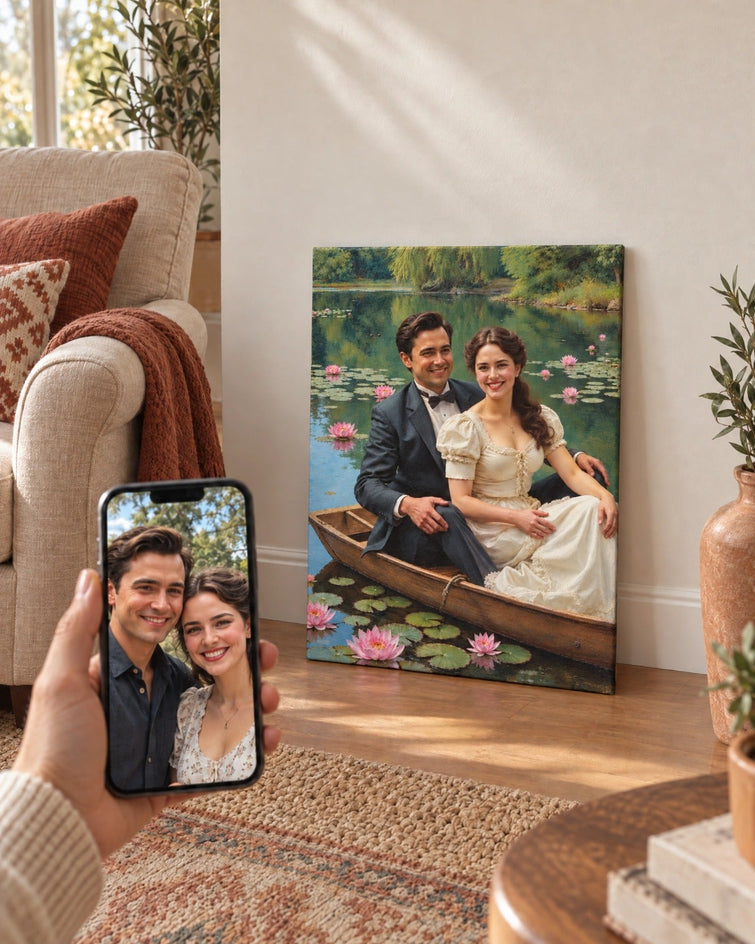 Casal no Barco das Ninfeias — Quadro Personalizado de Casal - SUA FOTO VIROU ARTE