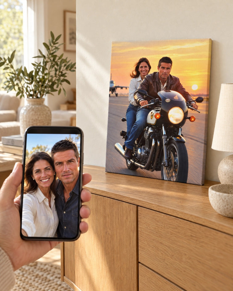 Casal na Moto ao Pôr do Sol — Quadro Personalizado de Casal - SUA FOTO VIROU ARTE