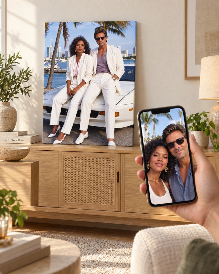 Casal Miami Anos 80 — Quadro Personalizado de Casal - SUA FOTO VIROU ARTE