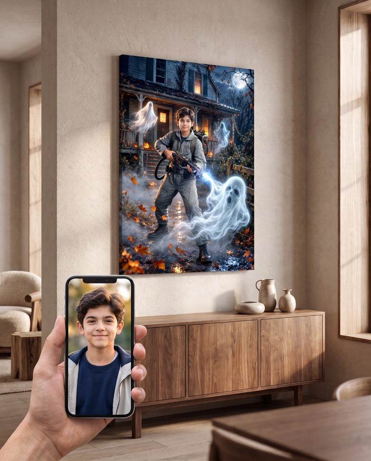 Menino Caçador de Fantasmas — Quadro Personalizado de Criança - SUA FOTO VIROU ARTE