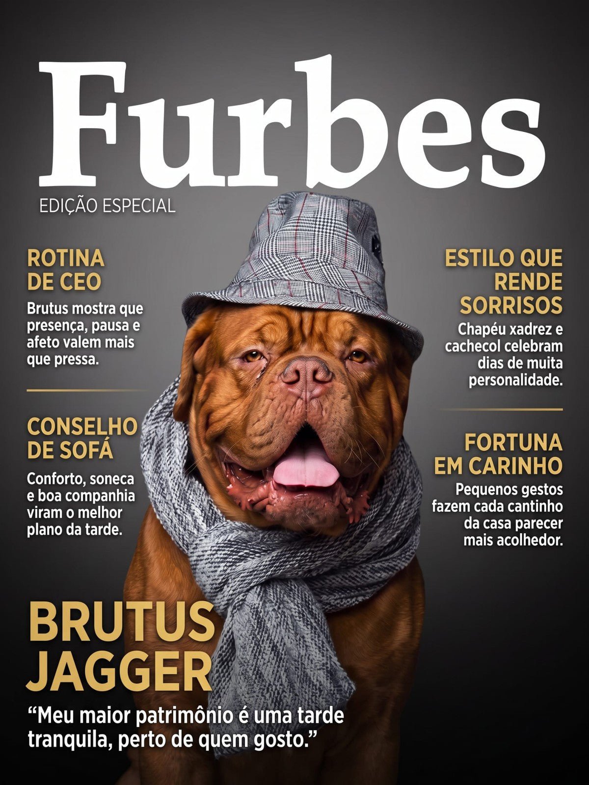 Dogue de Bordeaux Capa de Revista Furbes de Chapéu e Cachecol