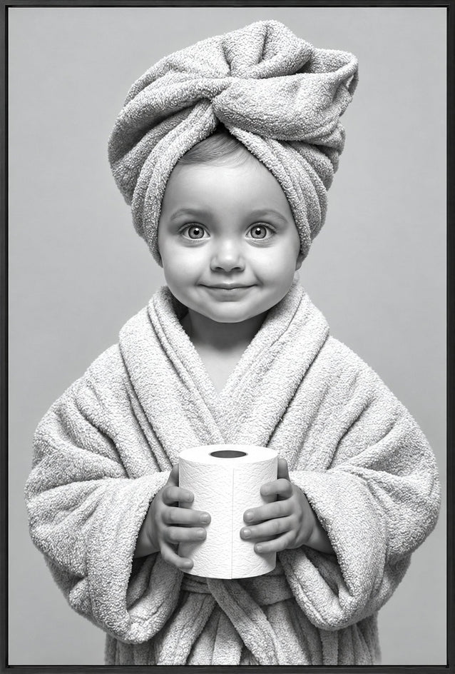 Retrato preto e branco de uma menina usando roupão e toalha enrolada na cabeça, segurando um rolo de papel higiênico.