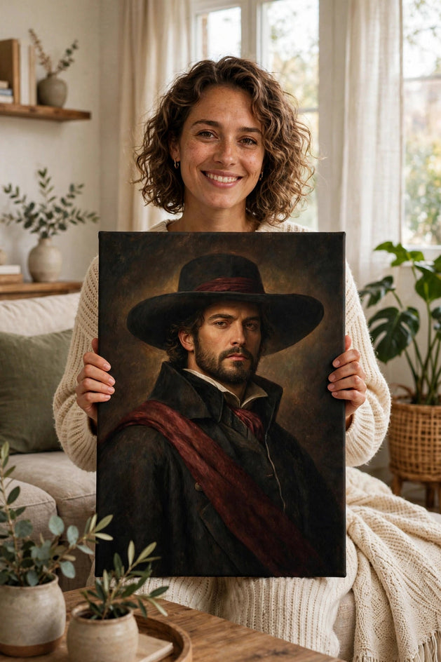 Pessoa segurando o quadro Homem Cavalheiro Carmesim — Quadro Personalizado de Homem no tamanho grande