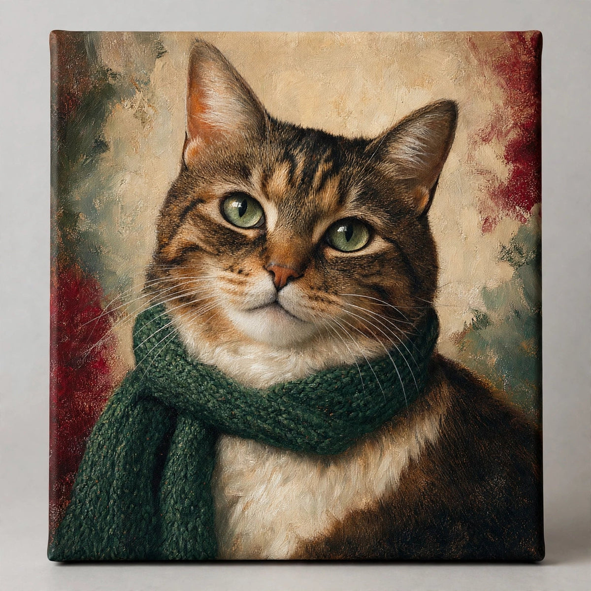 Gato com Cachecol Verde em Retrato Festivo — Quadro Personalizado de Gato