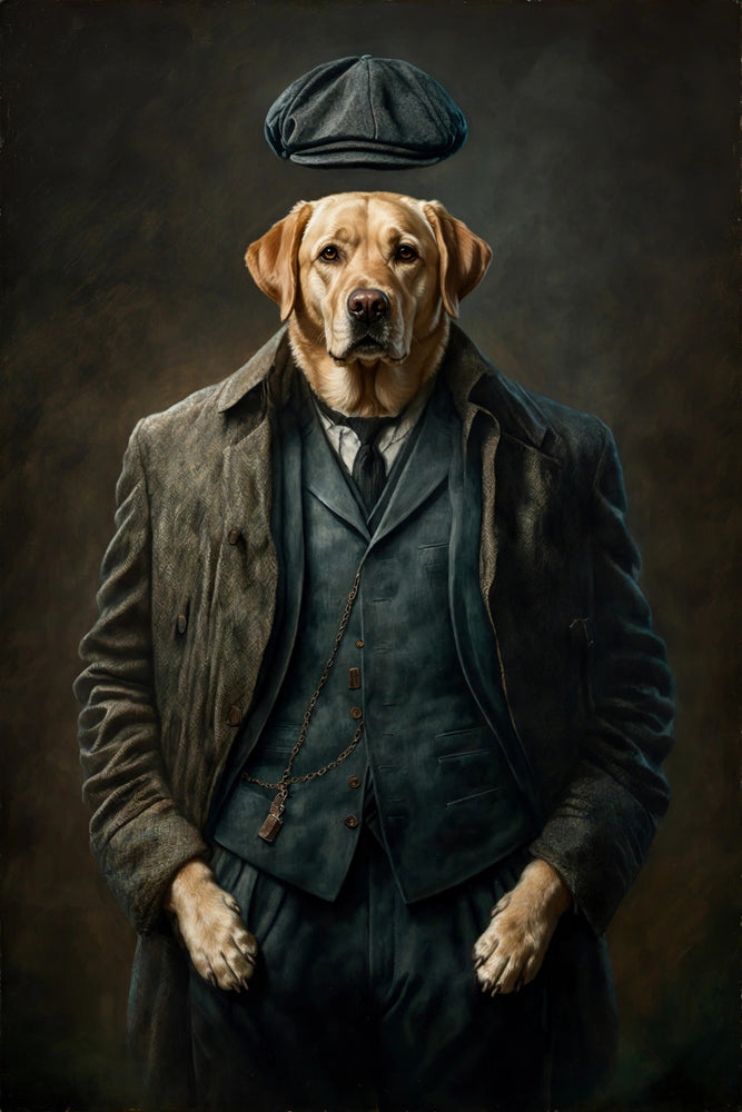 Quadro personalizado de cachorro labrador com terno e boina