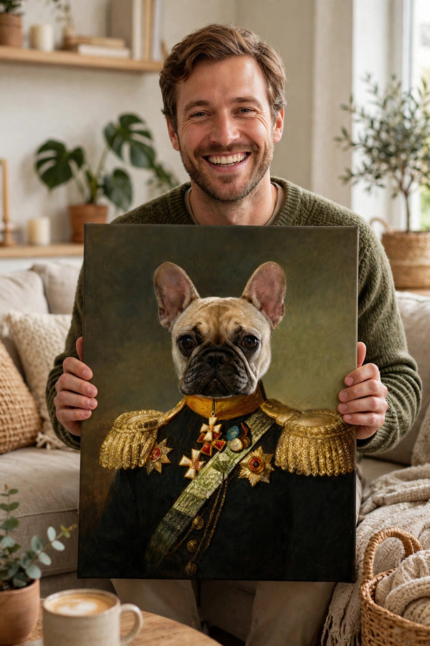 Pessoa segurando o quadro Barão Charmoso — Retrato Real Personalizado para Pet no tamanho grande