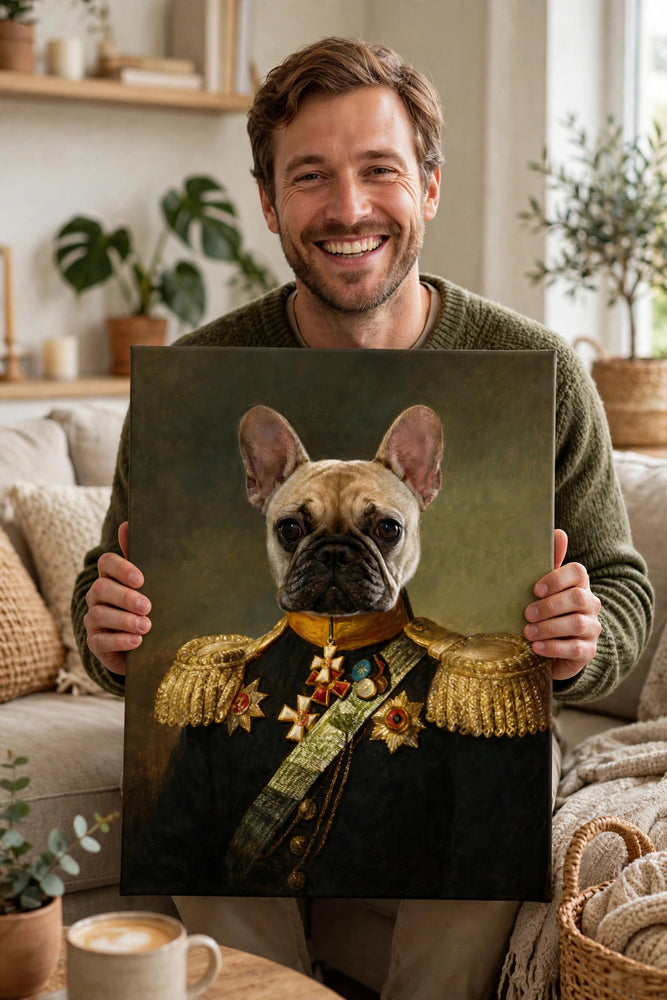 Pessoa segurando o quadro Barão Charmoso — Retrato Real Personalizado para Pet no tamanho grande
