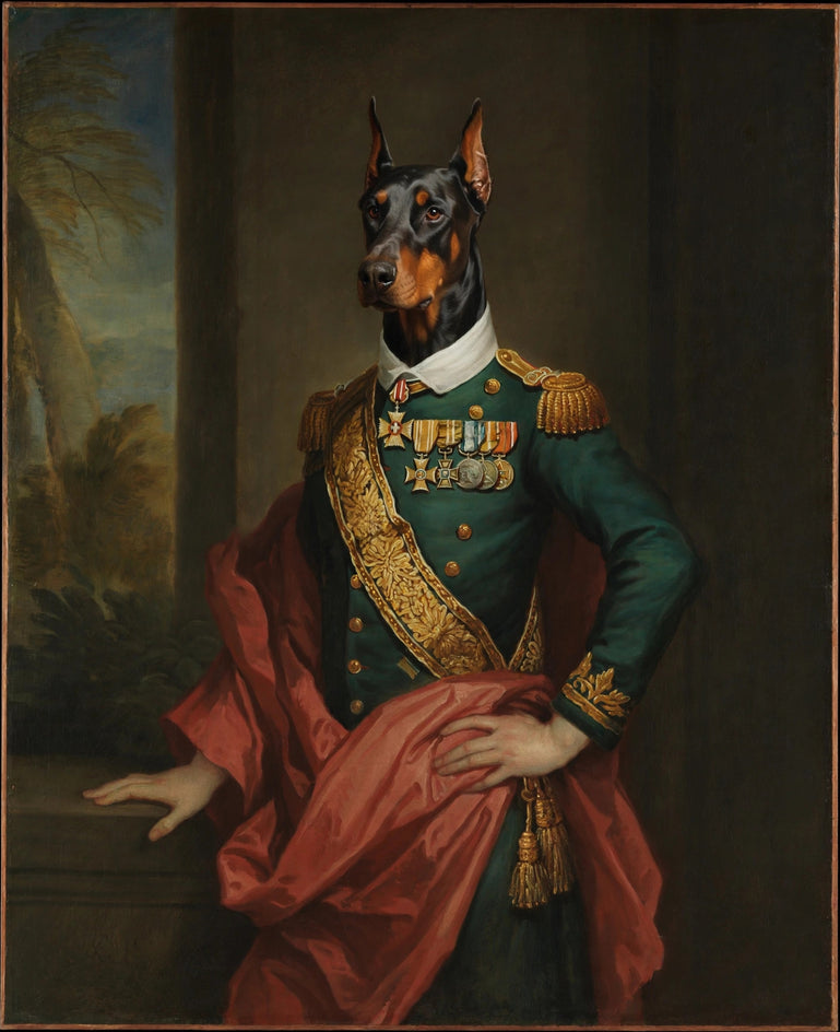 Quadro personalizado de cachorro doberman de uniforme verde