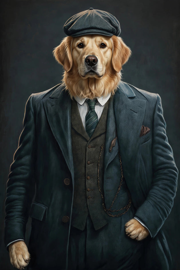 Quadro personalizado de cachorro golden retriever com terno escuro e boina