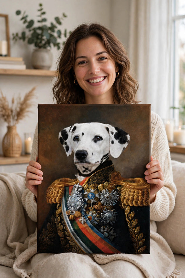 Pessoa segurando o quadro Duque de Manchas — Retrato Real Personalizado para Pet no tamanho grande