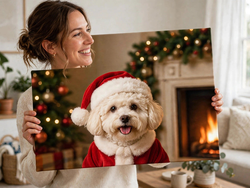 Pessoa segurando o quadro Quadro de Natal Personalizado — Pequeno Noel no tamanho grande